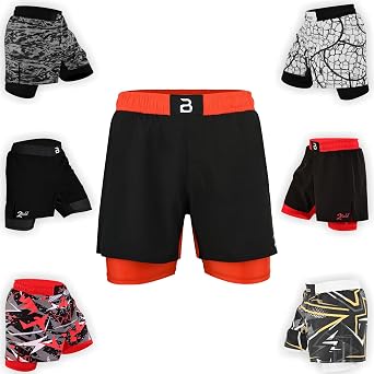 2BOLD MMA Shorts Men’s 2 in 1 Jiu-Jitsu Built in Compression Lining Athletic Gym Boxing Muay Thai BJJ No-Gi Grappling Shorts