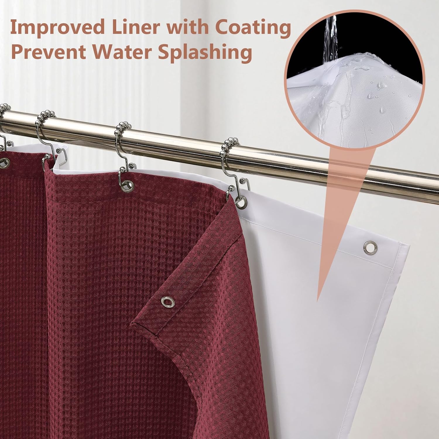FY&XZH Waffle Shower Curtain Set with Waterproof Fabric Liner and 12 Stainless Steel Hooks Double Sided for Bathroom, 3 in 1 Heavy Duty Polyester Shower Curtain, Machine Washable, 72"x 78"(Wine)
