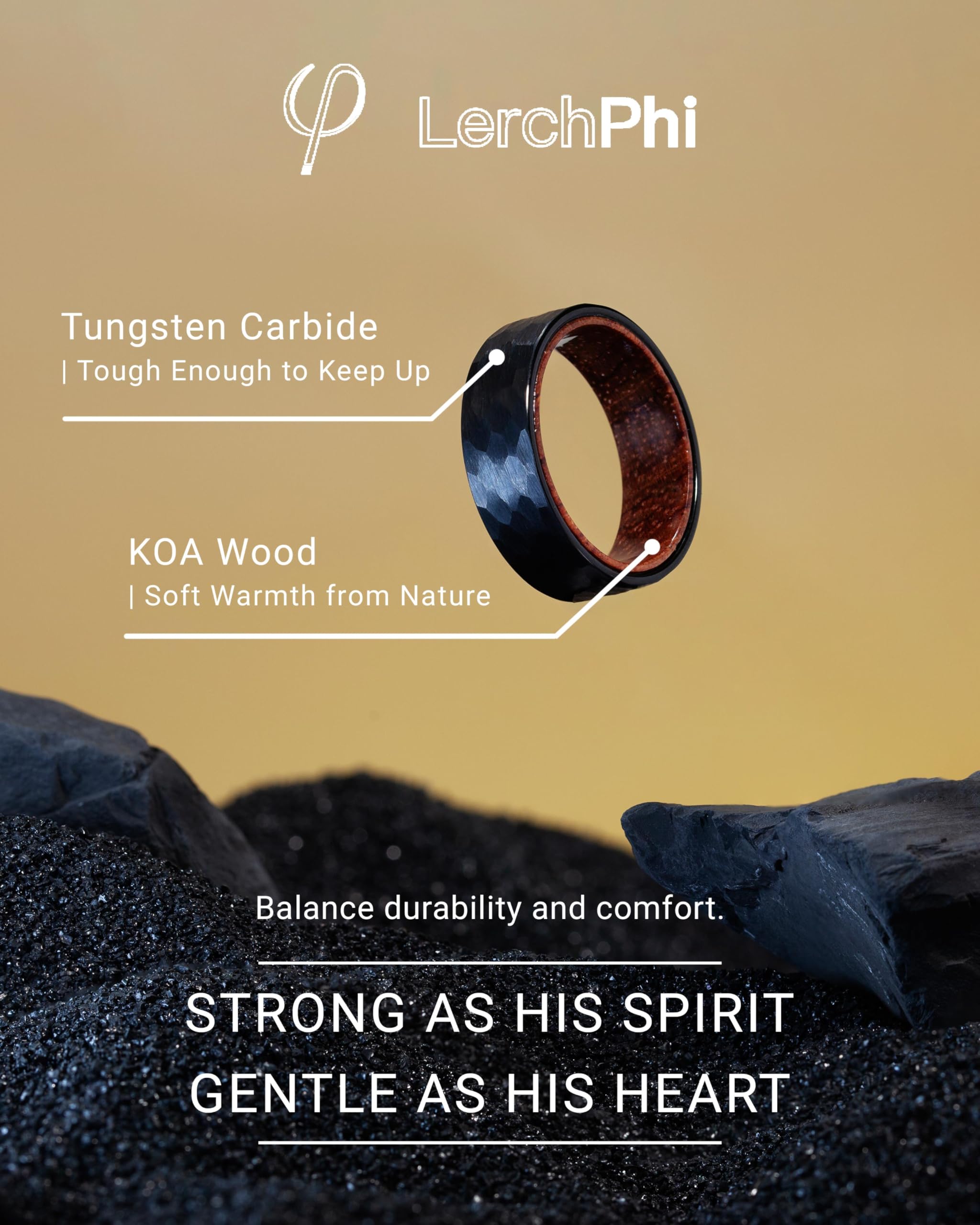 LerchPhi Anillos de tungsteno martillado para hombre, anillos de madera KOA incrustados negros para hombre, anillos de compromiso de 8 mm para él