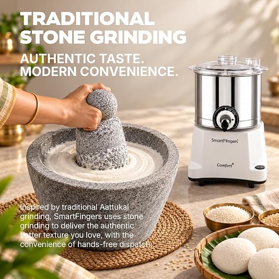 SmartFingers Comfort Plus, 2L Wet Grinder, White, 150W, 3 Speeds, Stainless Steel