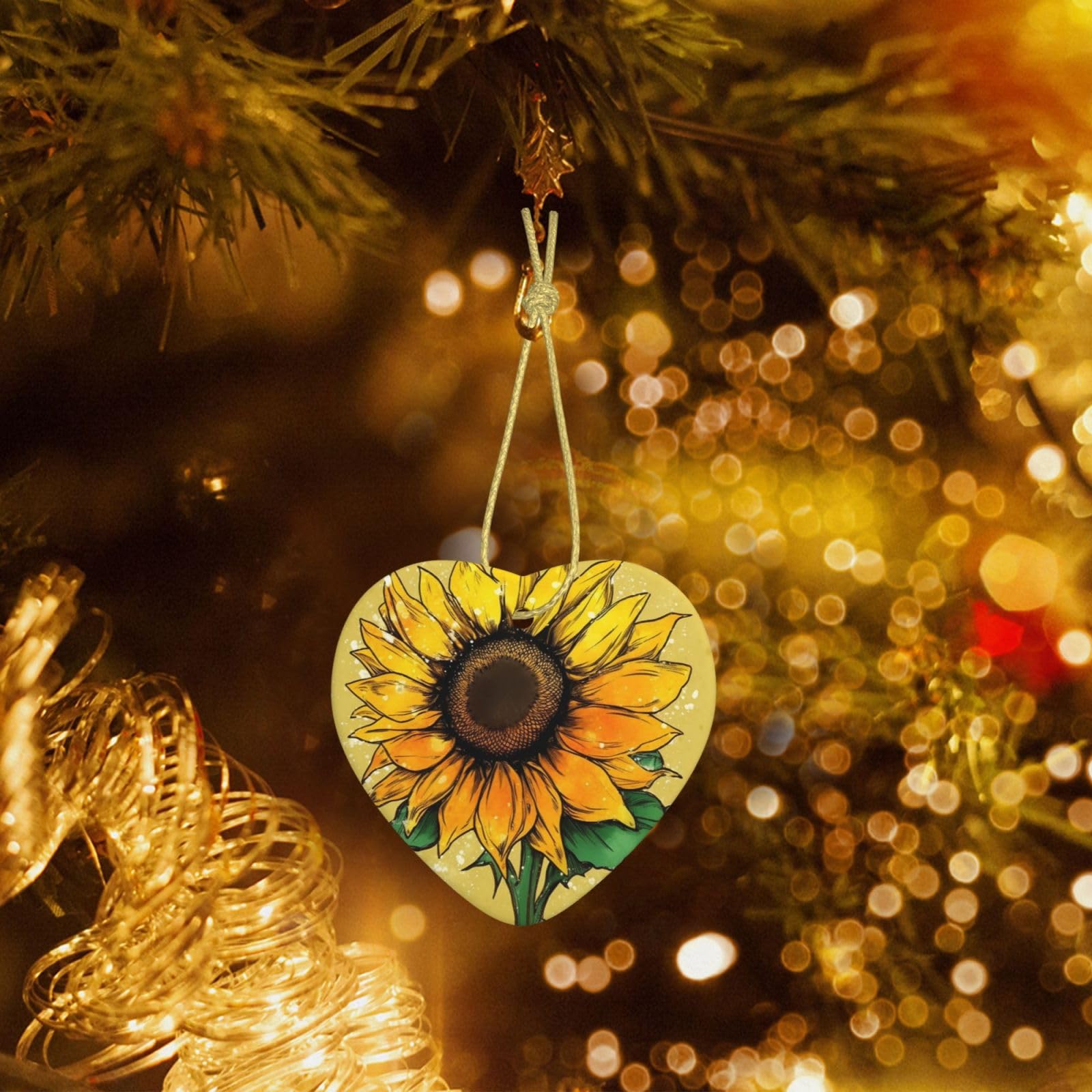 Christmas Heart Shaped Ornaments 1 Pcs, Double-Side Ceramic Xmas Tree Hanging Ornament with Gold String Shine Like A Sunflower Personalized Porcelain 2025 Christmas Pendent