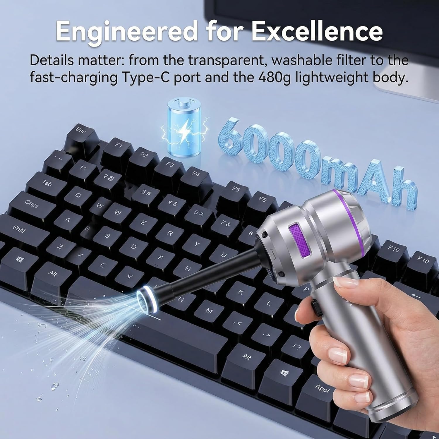 Car Handheld Vacuum Cordless Car Vacuum Cleaner with 16000Pa Ultra-Strong Suction, Brushless Motor, Flexible Hose & HEPA Filter - Lightweight Design Vacuum Cleaners for Home & Car (Silver)