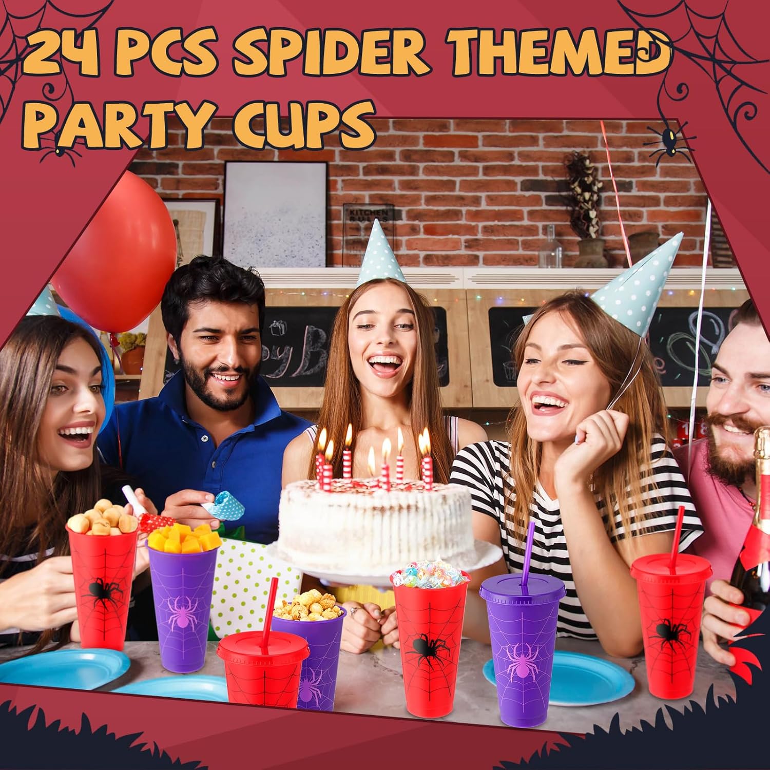 Qinyoung 24 Sets 24 oz Spider Cups Spider Birthday Party Supplies Reusable Red Purple Web Themed Plastic Cups with Lid and Straw Bulk for Birthday Halloween Party Decorations Favors Celebration Gifts