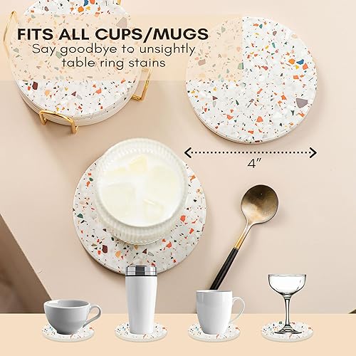 Miniatura 3 de Juego de 6 posavasos absorbentes de mármol de terrazo con soporte, posavasos para bebidas, mesa de café, juego de posavasos, posavasos de mármol,