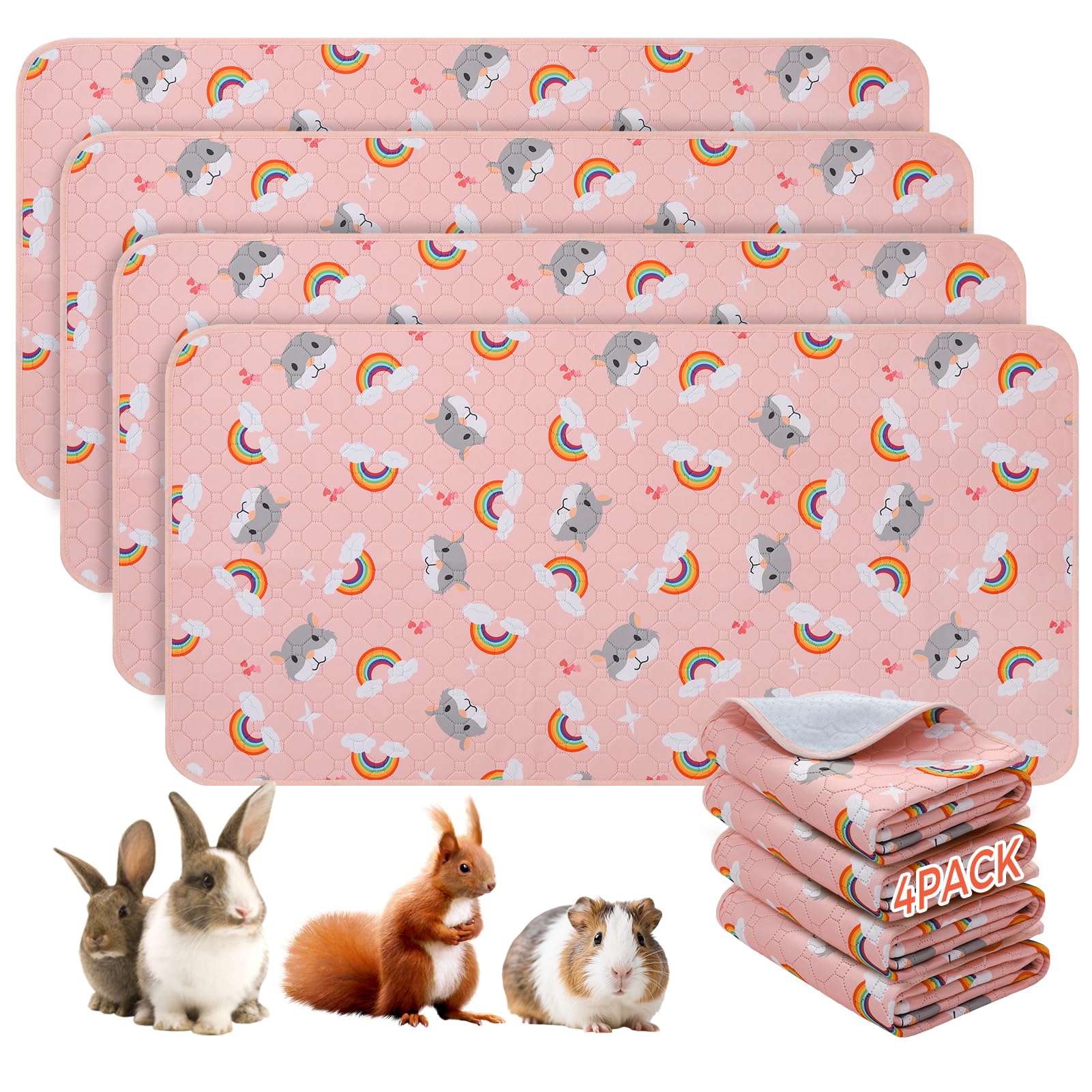 PAWCHIE 4 Pack Guinea Pig Cage Liners, Washable Small Animal Bedding,Waterproof Reusable Anti Slip Guinea Pig Pee Pad Fast and Super Absorbent Mat for Small Animal Rabbit Bunny Hamster, Pink 14"x27"