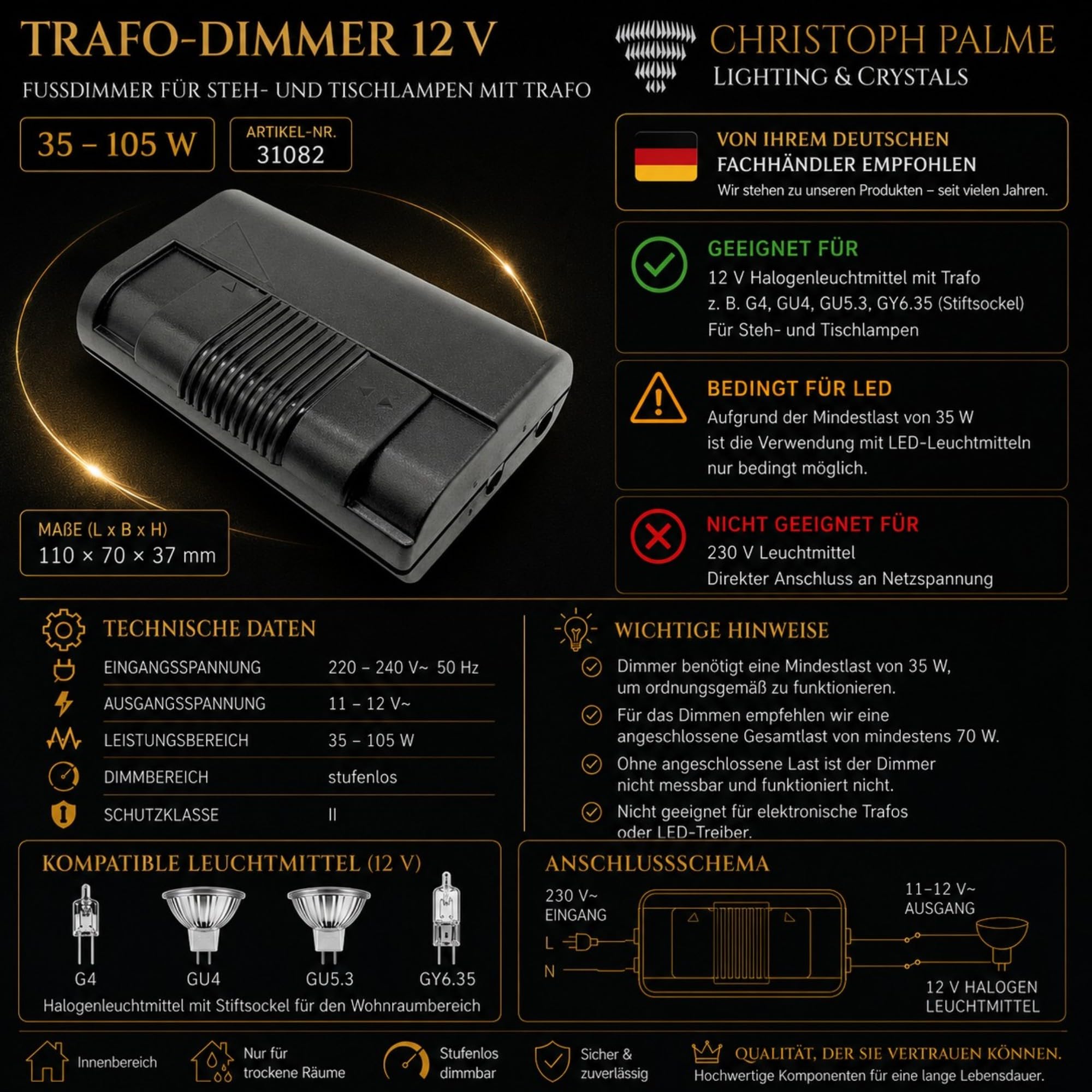 Dimmer für Stehlampe 12V mit Trafo 35–105W Schnurzwischendimmer schwarz Elektronischer Trafodimmer 31082