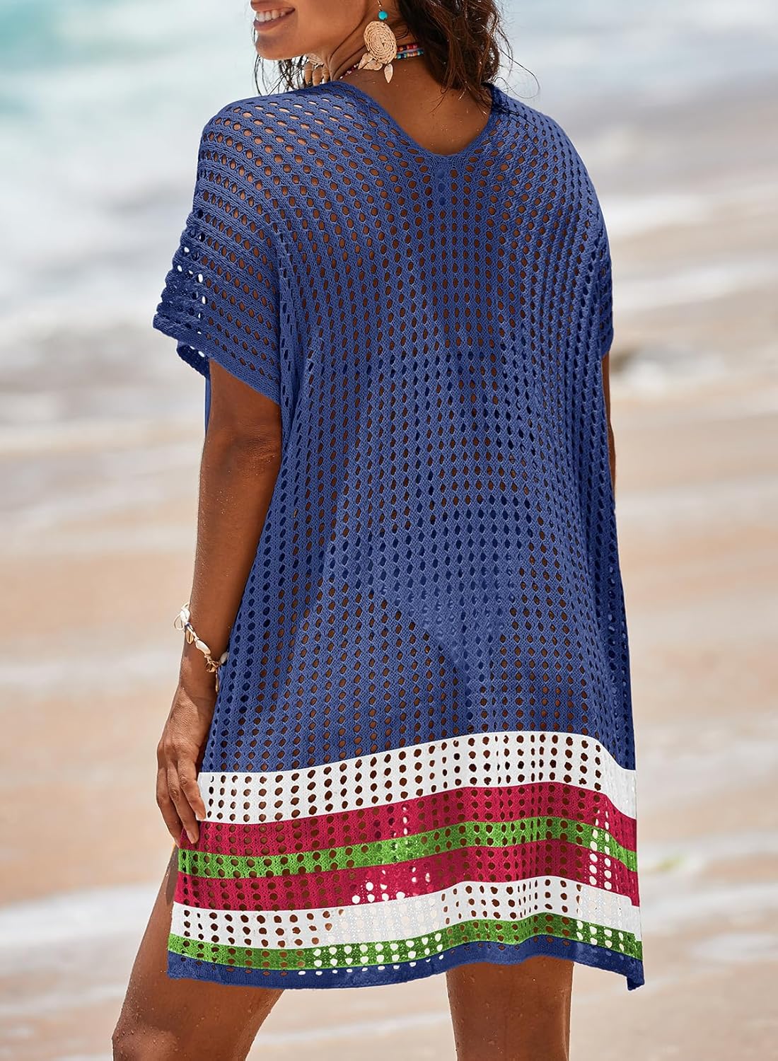 Dokotoo Women's Swimwear Beach Bikini Swimsuit Color Block Cover-ups Crochet Striped Side Split Mini Dress - Image 4