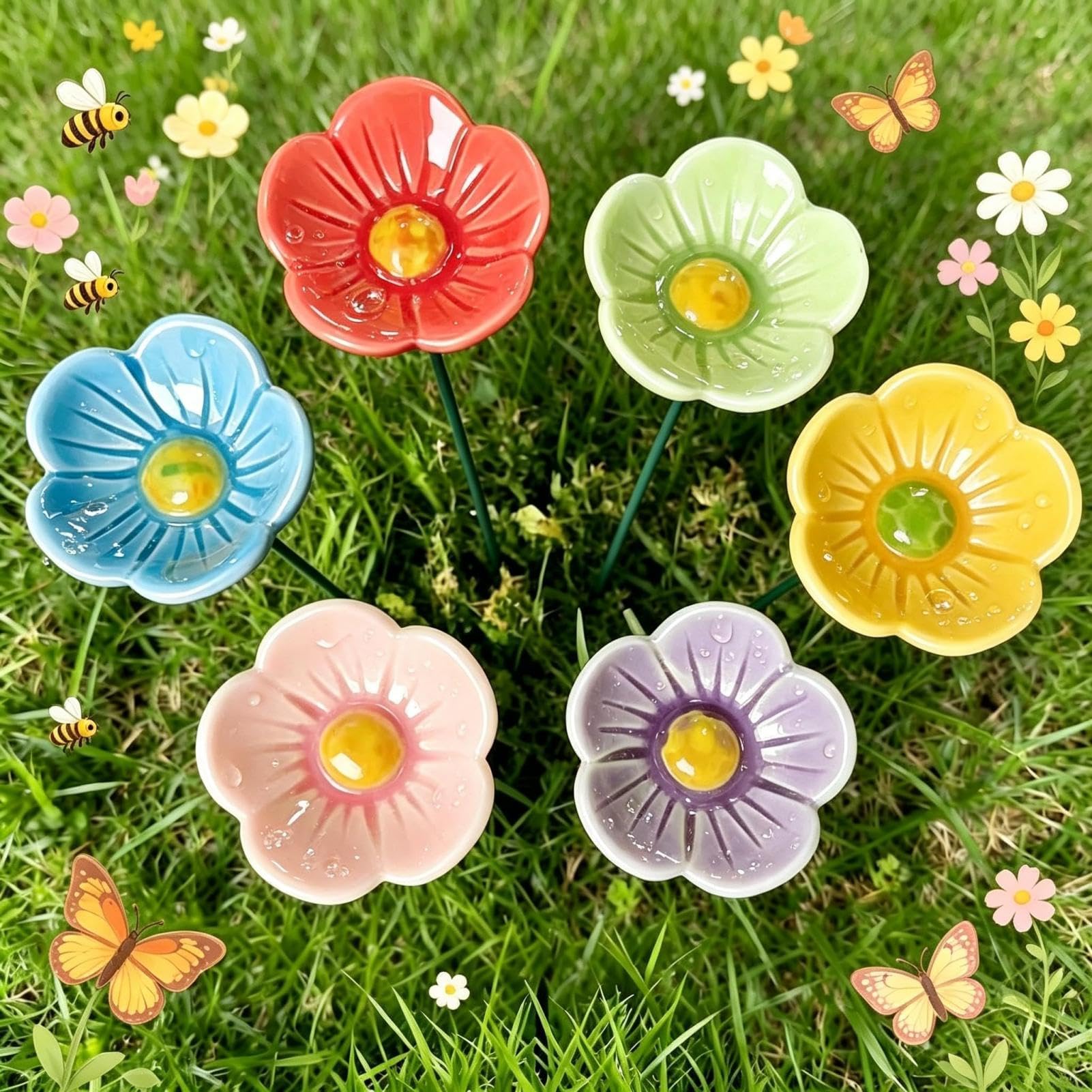 6 Pack Ceramic Bee Watering Station for Garden, Flower Water Feeder