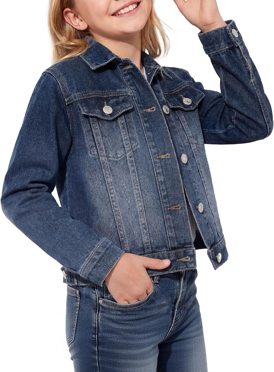 PATPAT Chaqueta vaquera básica para niña con bolsillos con solapa y botones en la parte delantera, edades 5-14