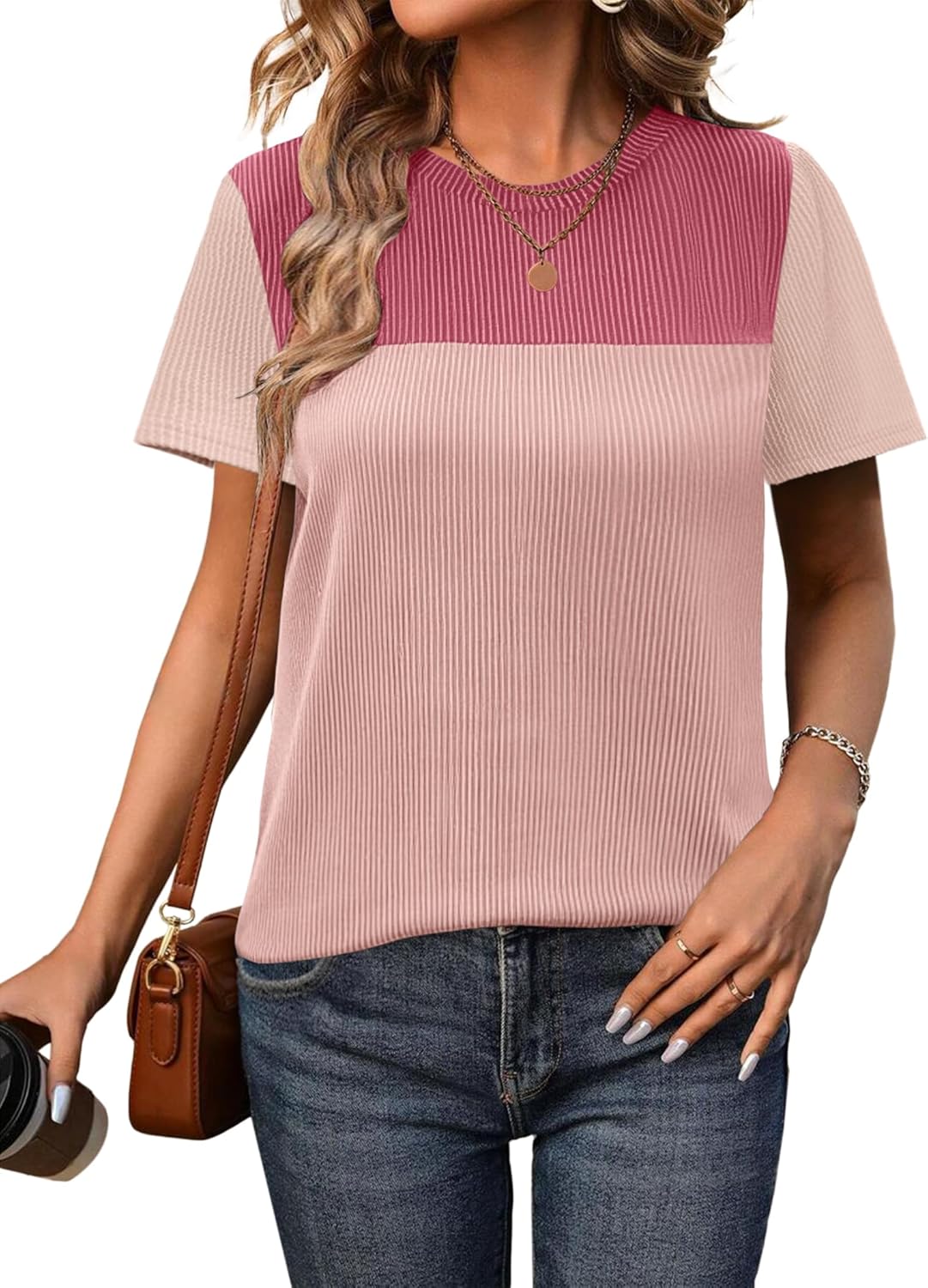 Zeagoo Womens Casual Summer Tops Short Sleeve T Shirts Crewneck Basic Tees Blouses Color Block Tunic Tops - Image 2