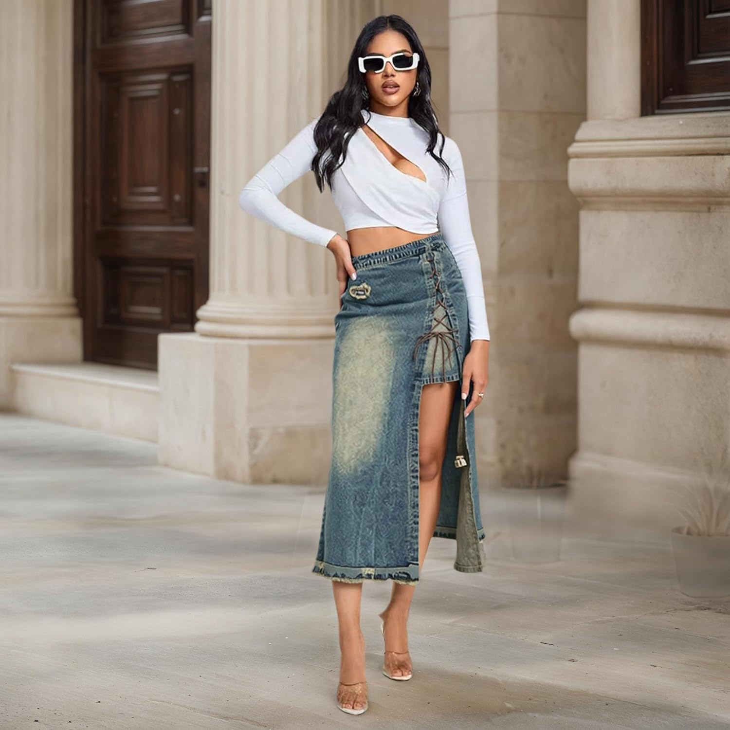 materasu Women's Denim Maxi Skirt: with Side Slit Lace-Up Long Jean Skirt - Image 2