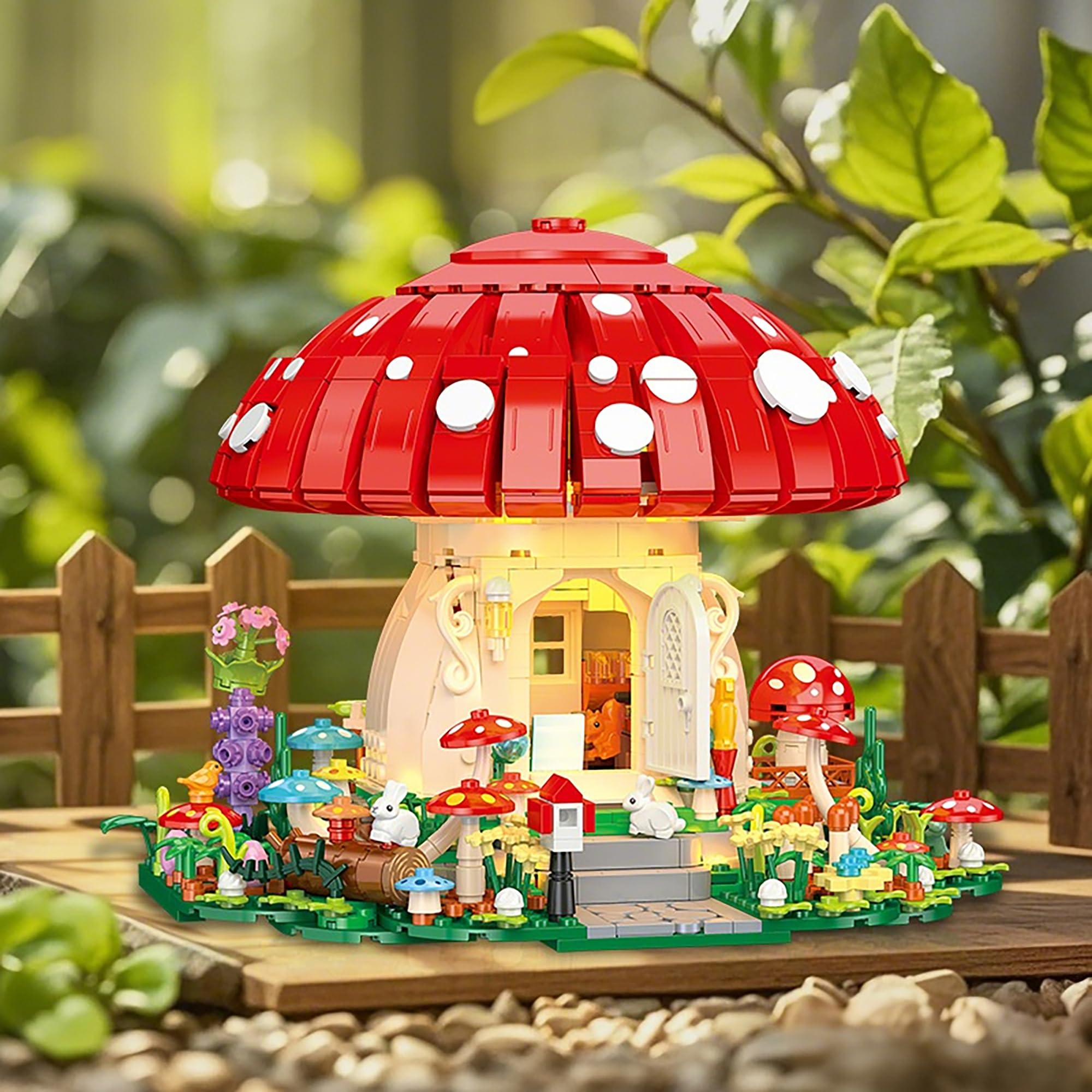 Pilzhaus Bausteine Spielzeug Kit, 1296 Teile mit LED Klemmbausteine Modular Spielzeug Modell, DIY Kreatives Architektur Modellbausatz, Geschenk für Jugendliche und Erwachsene