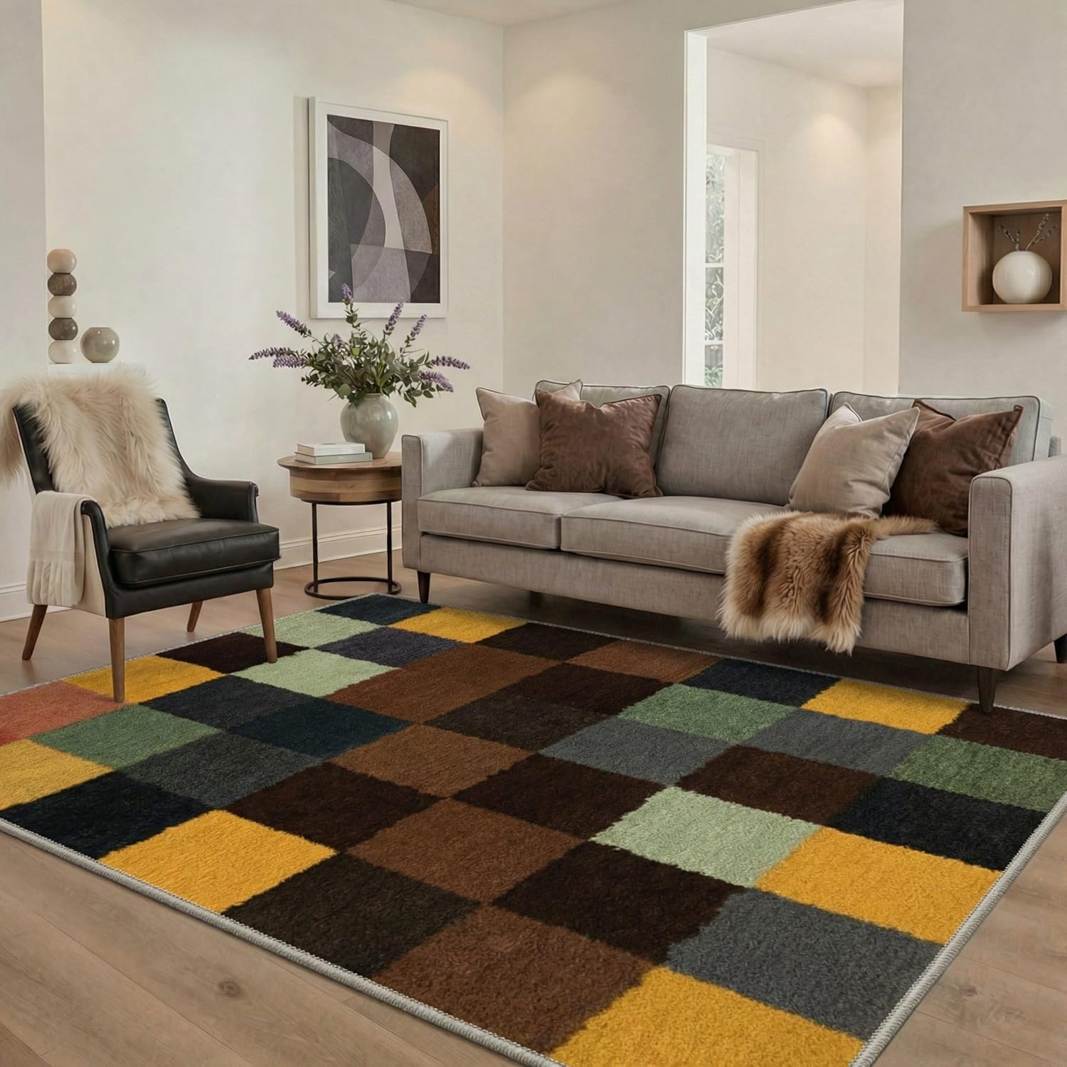 Bavni 2x3 Rug Checkerboard Print Pattern Low Pile Non Slip Backing Machine Washable Indoor Outdoor, Entryway Rug for Kitchen Farmhouse Decor, Minimalist Style, Autumn Rust