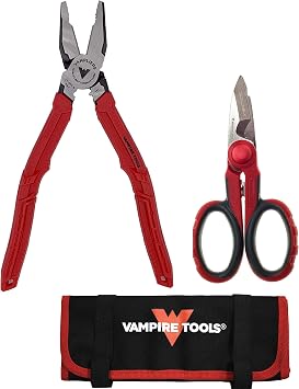 VAMPLIERS 2-PC Set 9" Linesman Pliers, Electrician Scissors + 10" Pouch | 30% More Cutting Power, Extracts Screws 3-9.5mm, Crimps AWG 16-12, 5.5" Multipurpose Electrician Scissors & Pouch, 5 Pockets