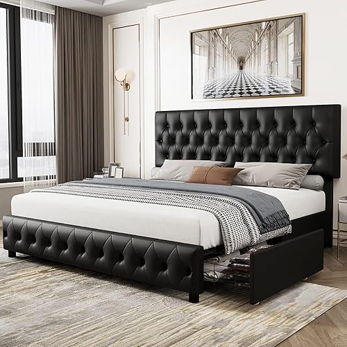 Miniatura 7 de Base de cama Queen con 4 cajones de almacenamiento y cabecera ajustable, cama tapizada de piel sintética con diseño capitoné, soporte de listones de