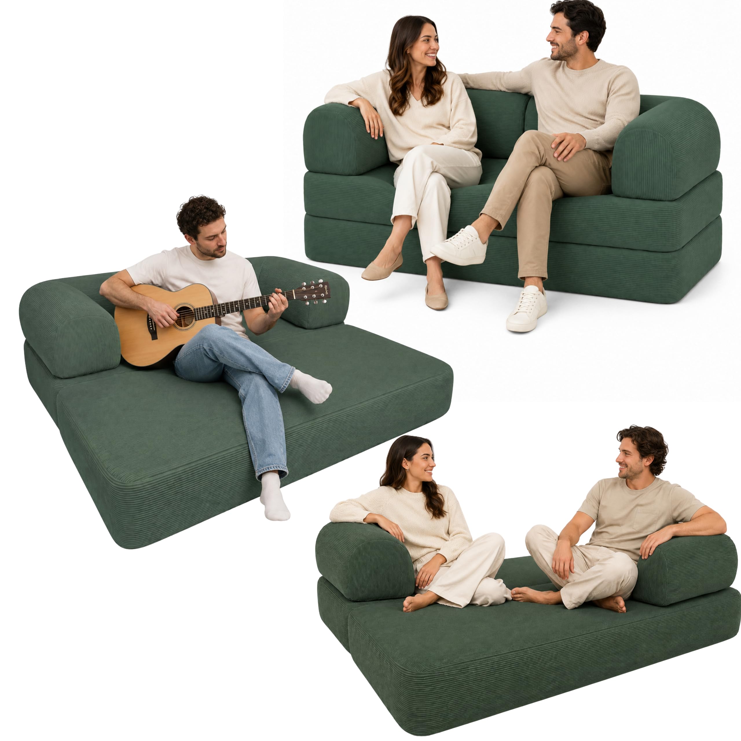 bananair - Divano 2 Posti Prodotto in Francia - Divano Letto Modulare in Schiuma ad Alta Densità e Tessuto in Velluto a Coste - Design Innovativo Boneless Couch, Spedito Compresso (Verde Foresta)