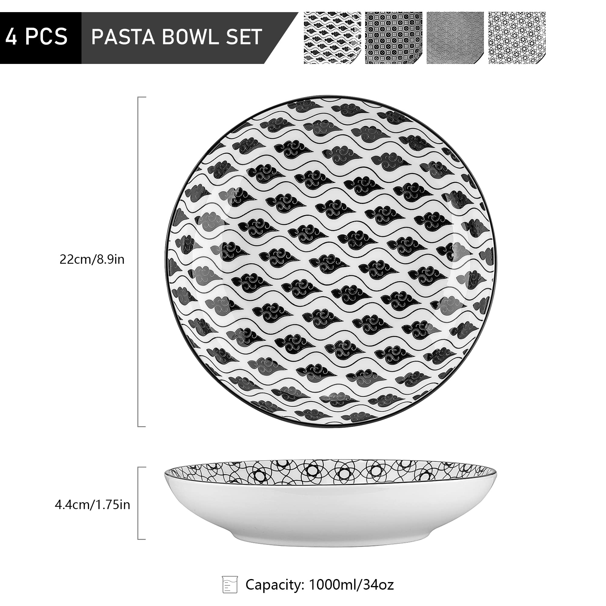 vancasso Serie HARUKA Platos llanos, Platos para pasta, Espagueti, Platos de porcelana para 4 personas, Desayuno estilo japonés/Poke Bowl