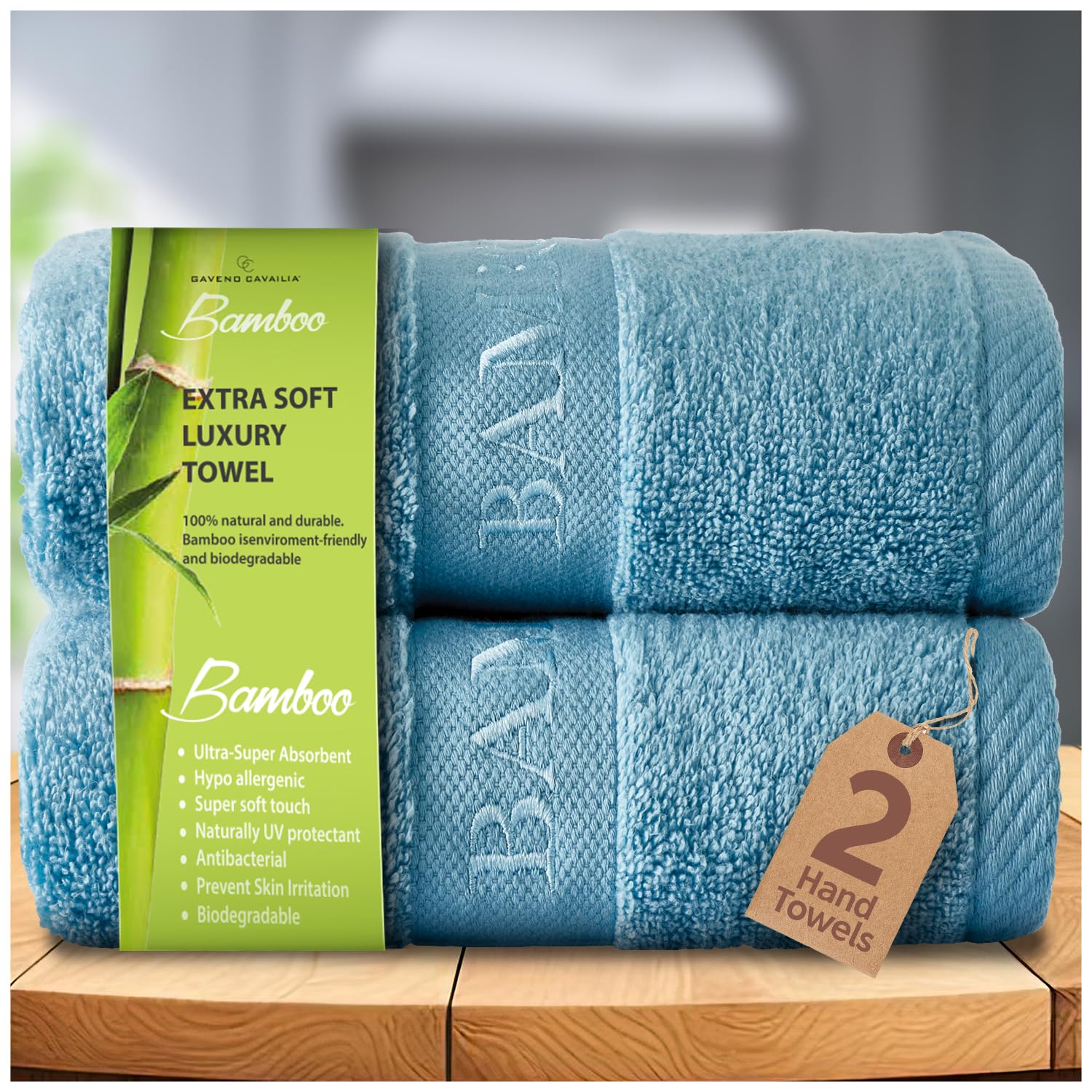GC GAVENO CAVAILIA 500 GSM Bamboo Hand Towels - Pack of 2-60% Bamboo 40% Cotton - Ultra Soft and Highly Absorbent - Quick Drying Towel Set for Bathroom, Hotel, Spa & Gym - (50 x 80 cm), Blue
