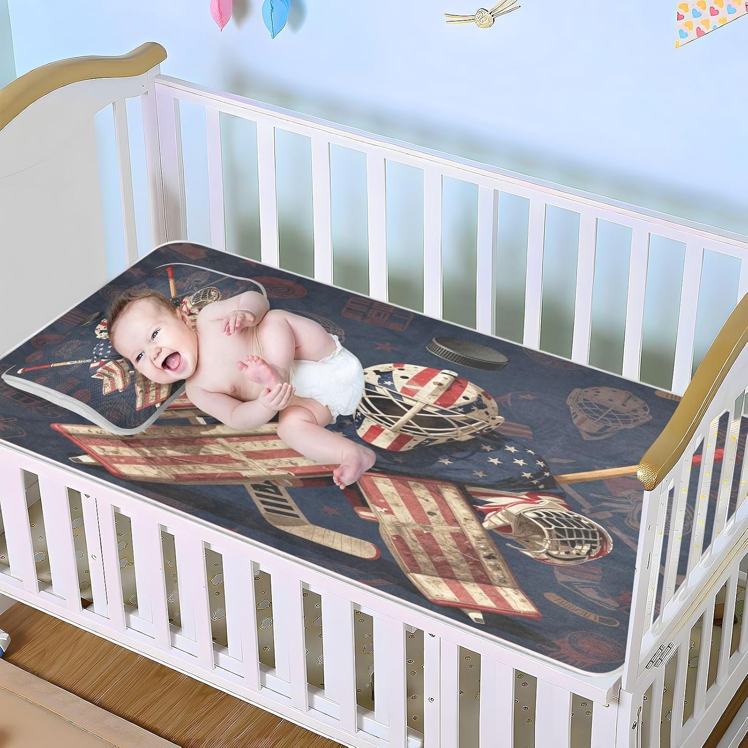 Cooling Baby Washable Mattress 28" x 52" Breathable Goalie Helmet Ice Hockey 4th of July Bed pad for Kids, Adult