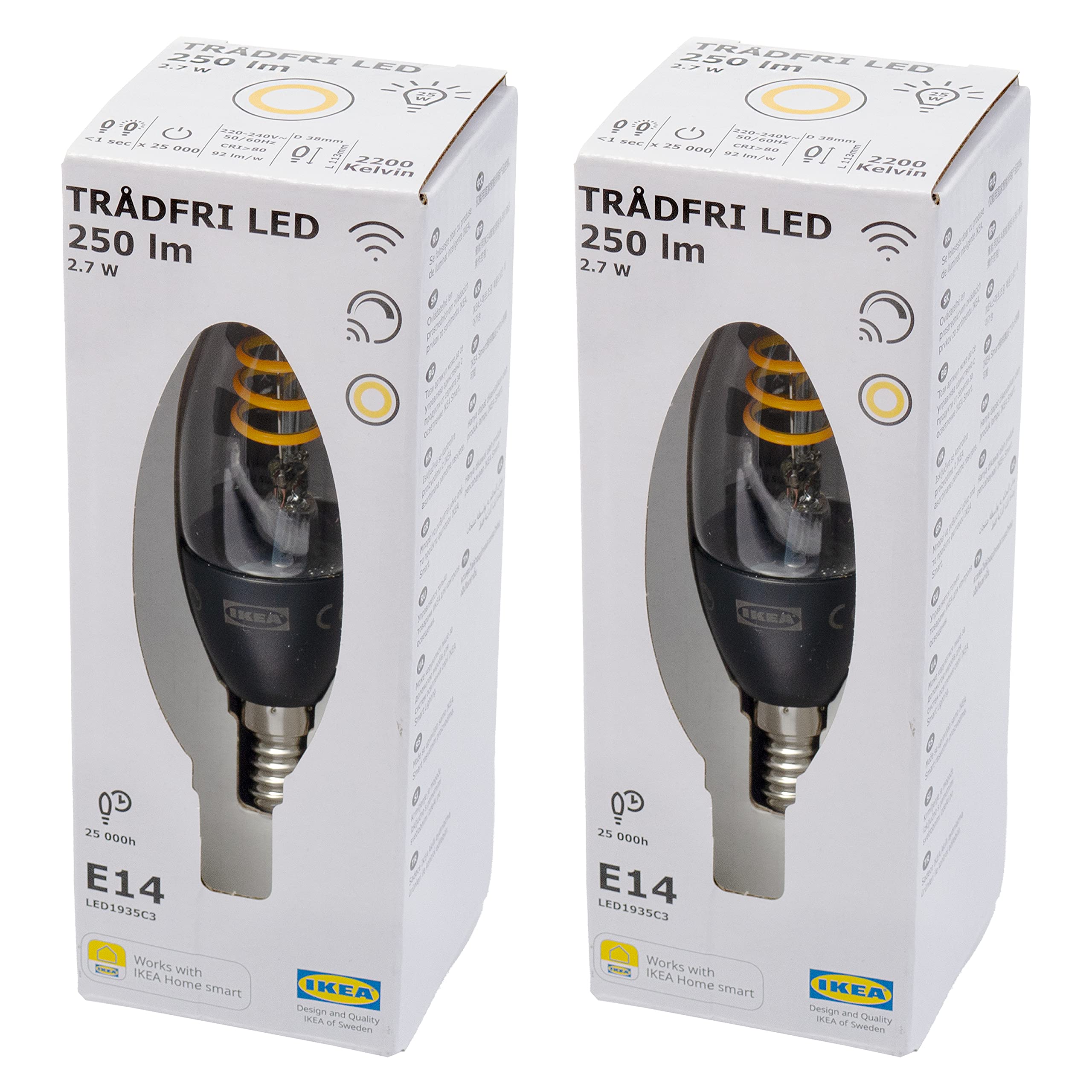 TRADFRI (Zigbee) Smart LED Bulbs, E14, Filament, 250 Lumens, 2200 Kelvin, 2.7 Watts, 205.176.29 - Set of 2