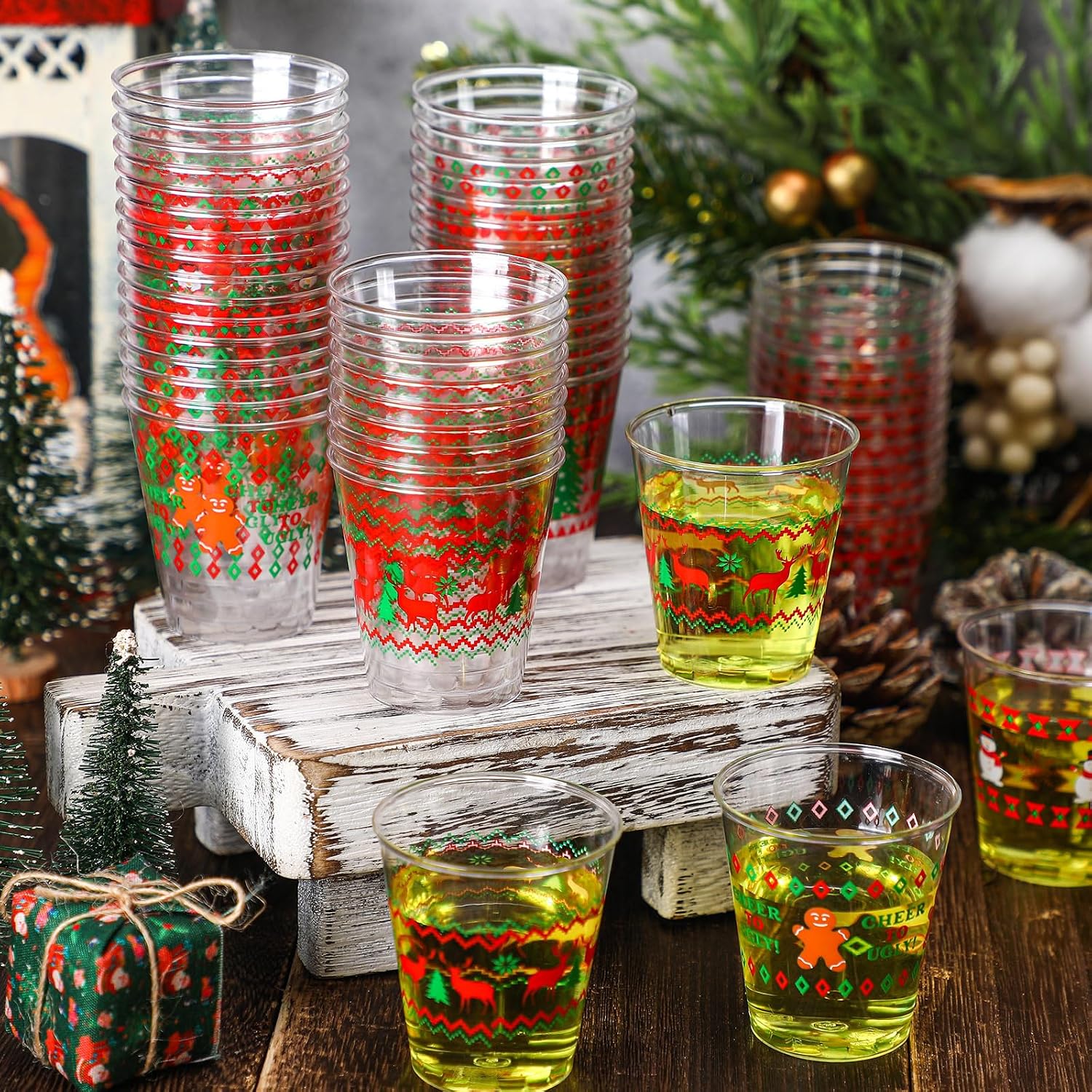 Funtery 24 Pcs Christmas Ugly Sweater Plastic Shot Glasses 1.7 oz Disposable Mini Christmas Shot Cups Bulk Xmas Tree Reindeer Gingerbread Snowman Drinking Cups for Holiday Party Supplies Decoration