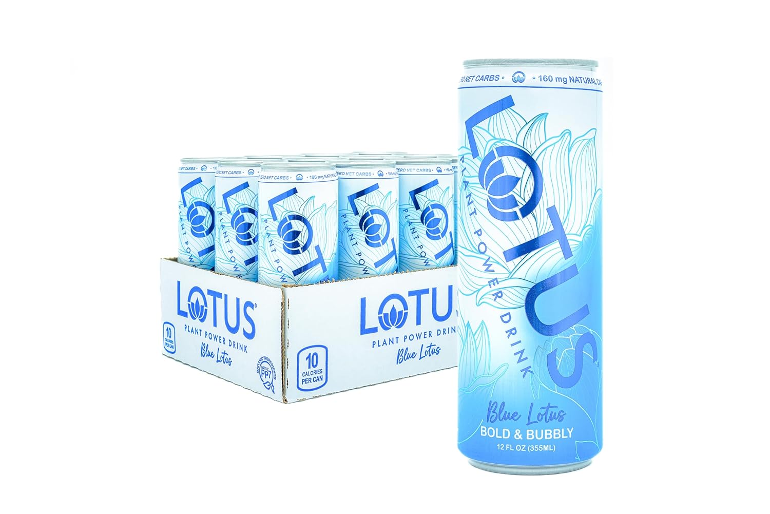 Blue Lotus Plant Power Drink™ | Sugar Free, Low Calorie | 160 mg Natural Caffeine from Green Coffee Bean | Plant-Based Ingredients | Zero Sugar | 10 Calories | 12 oz Cans | 12 Count
