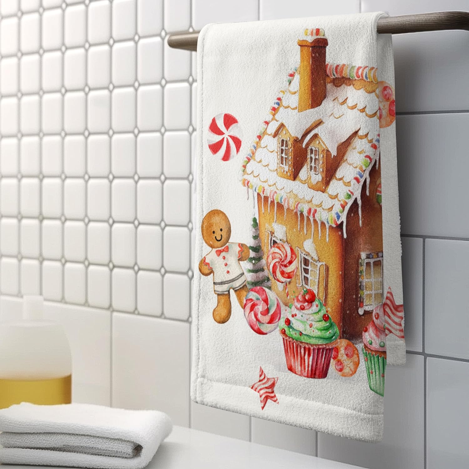 Christmas Gingerbread House with Cookies Cupcakes Candy Cane Towels Set of 2 Xmas Gingerbread Man Hand Towels 14.4x28.3 Kitchen Towels Face Fingertip Towels for Bathroom Kitchen Hotel - Image 7