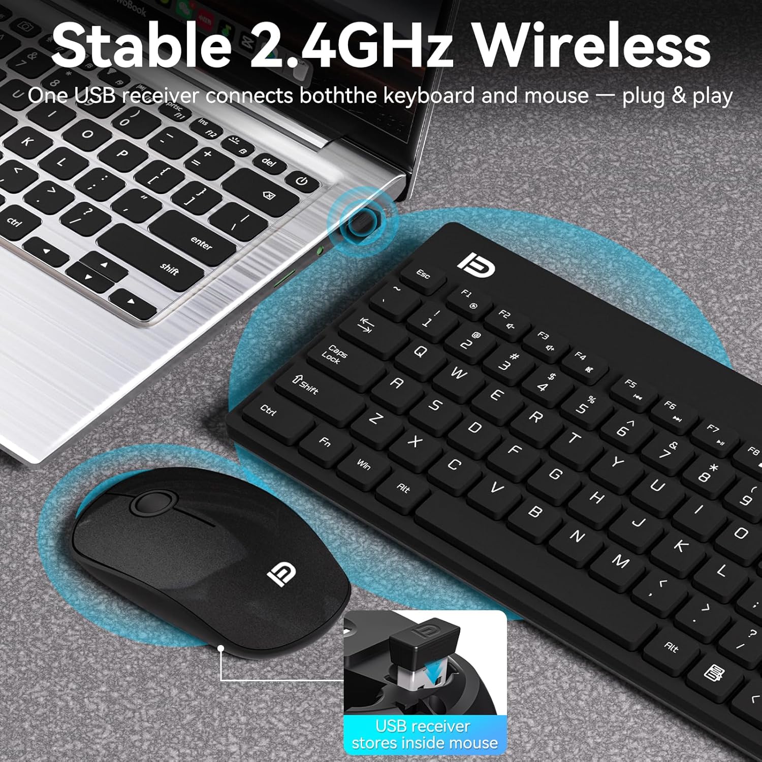 Mango Era Wireless Keyboard and Mouse Combo, Mini 2.4GHz Quiet Cordless Keyboard Mouse Set with Single USB Receiver, Compact Travel-Friendly for Laptop, PC, Computer, Windows