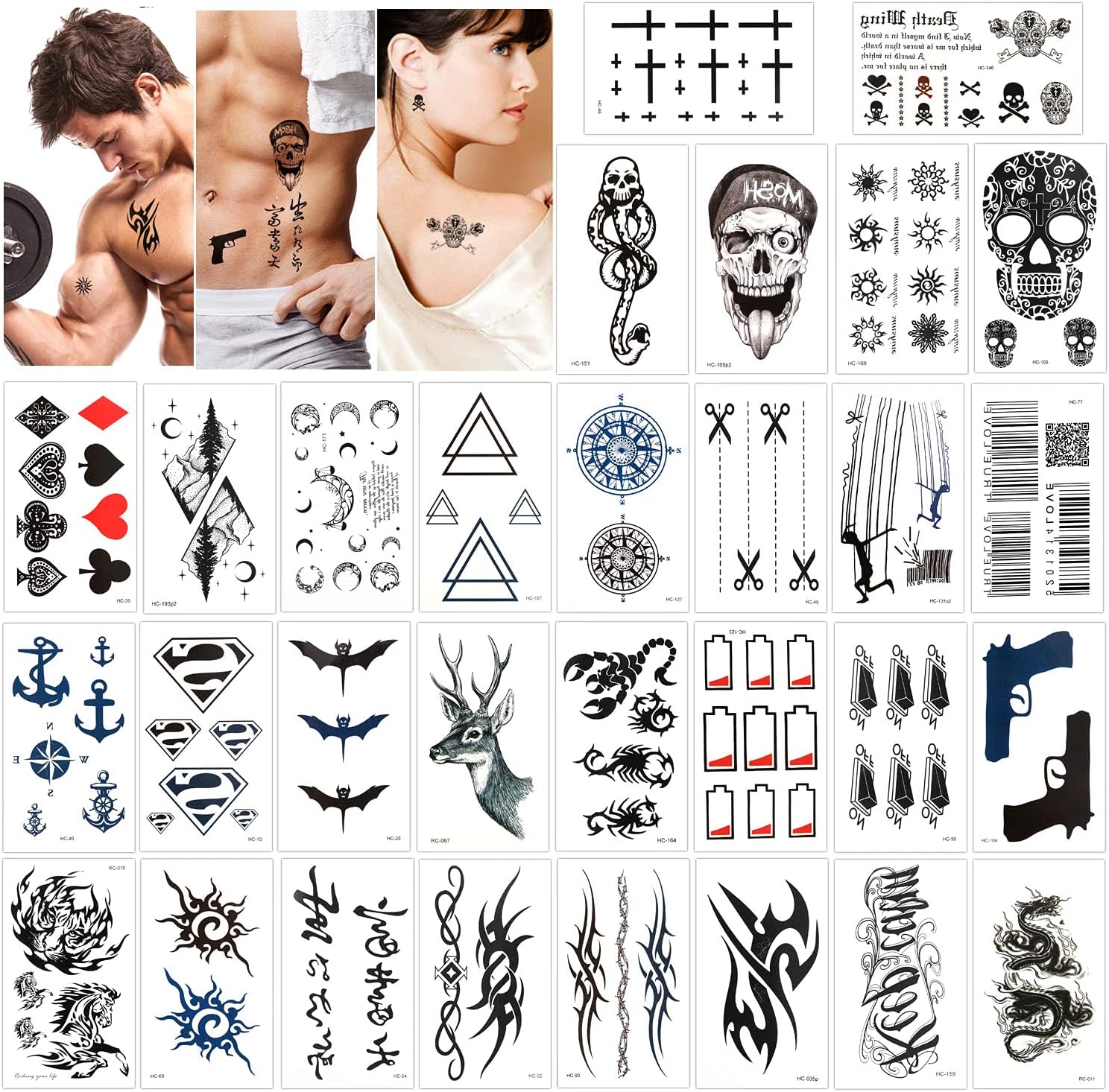 Konsait Temporary Tattoos for Adult Men Women Kids(30 Sheets), Waterproof Black Tiny Temporary Tattoo Fake Tattoos Body Art Sticker Hand Neck Wrist Cover Up Set