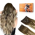 DOORES Clip in Human Hair Extensions - Balayage Walnut Brown to Ash Brown and Bleach Blonde, 150g 9pcs 16 Inch, Real Thick Straight Natural Hair