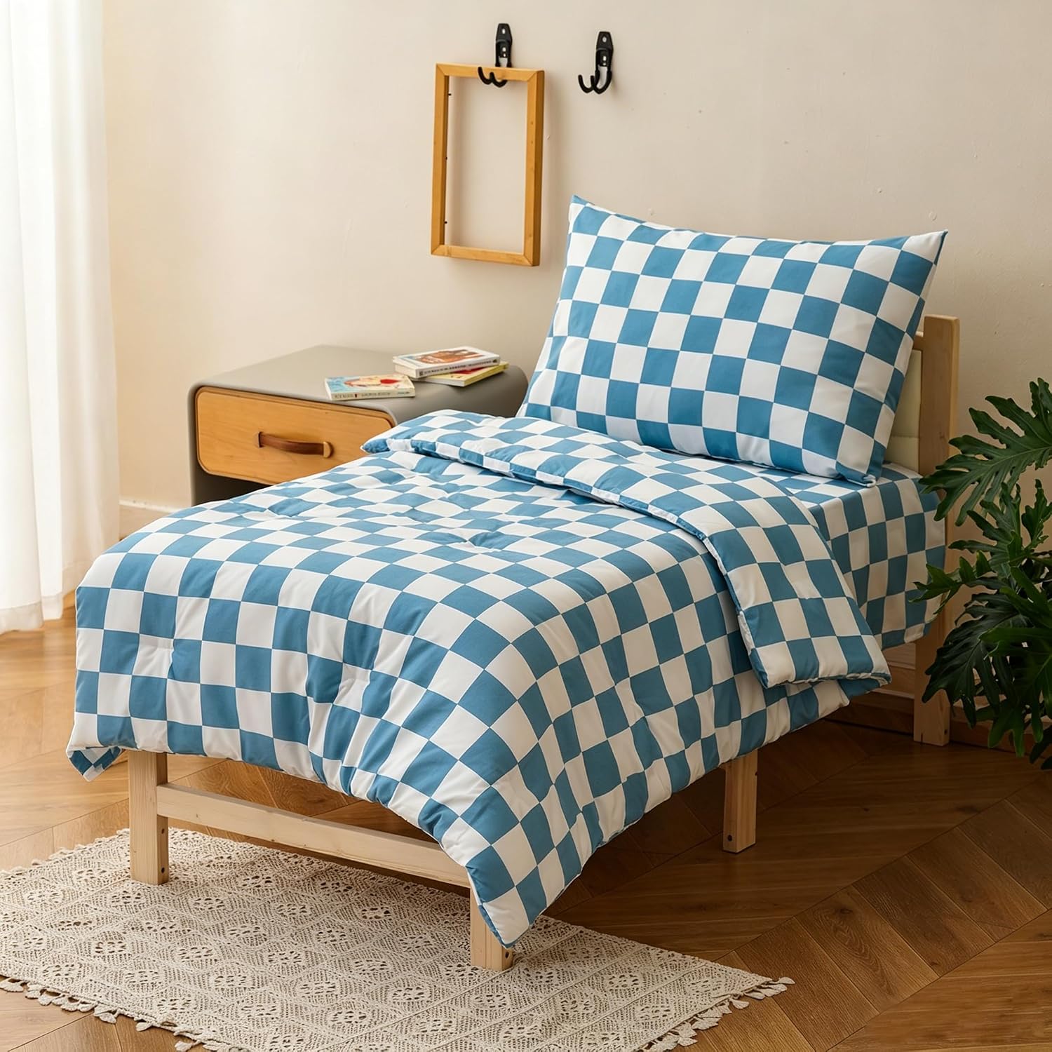 Wellboo Blue White Plaid Toddler Bedding Sets for Girls Boys Sky Blue and White Checkerboard Grid 4 Pieces Soft Crib Bed Set Including Comforter, Sheets and Pillowcase Kids Checkered Geometric Quilt