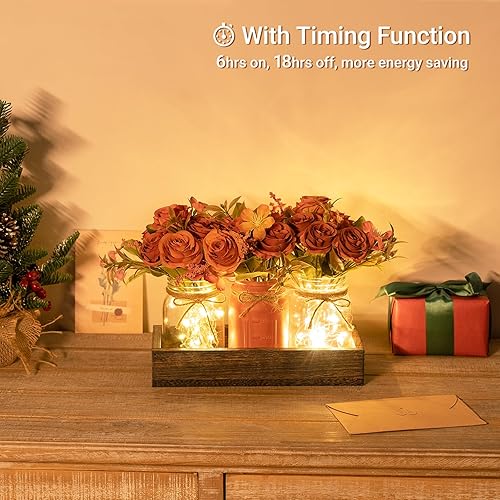 Miniatura 2 de Mkono Luces de tarro de masón, decoración de mesa para comedor, bandeja de decoración de mesa de café de granja con 3 frascos, centros de mesa de