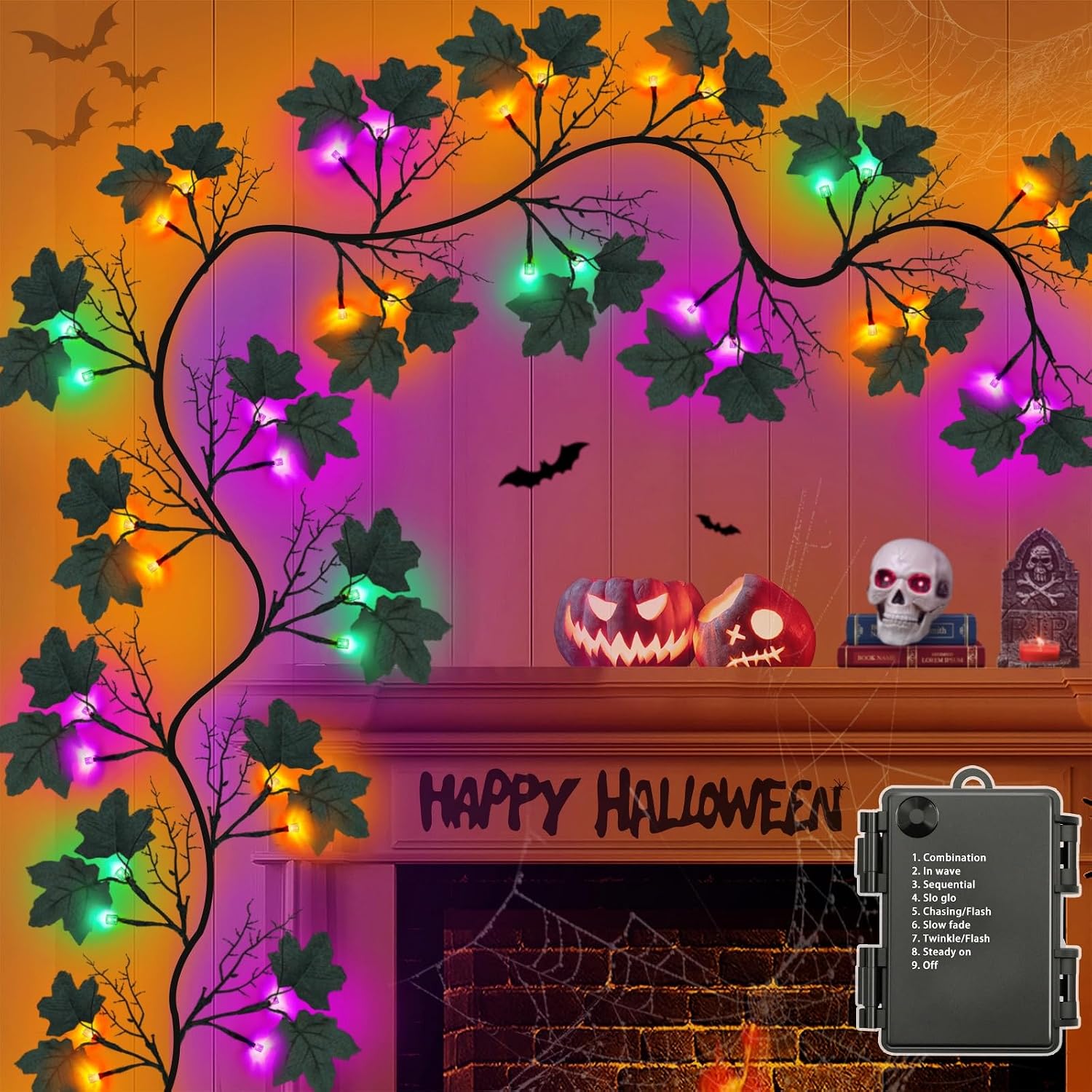 9 FT 72 LED Halloween Garland Willow Vine Twig Decor with Purple Green & Orange Lights and Dead Branches Black Leaves, Battery Operated for Indoor Wall Fireplace Halloween Decorations