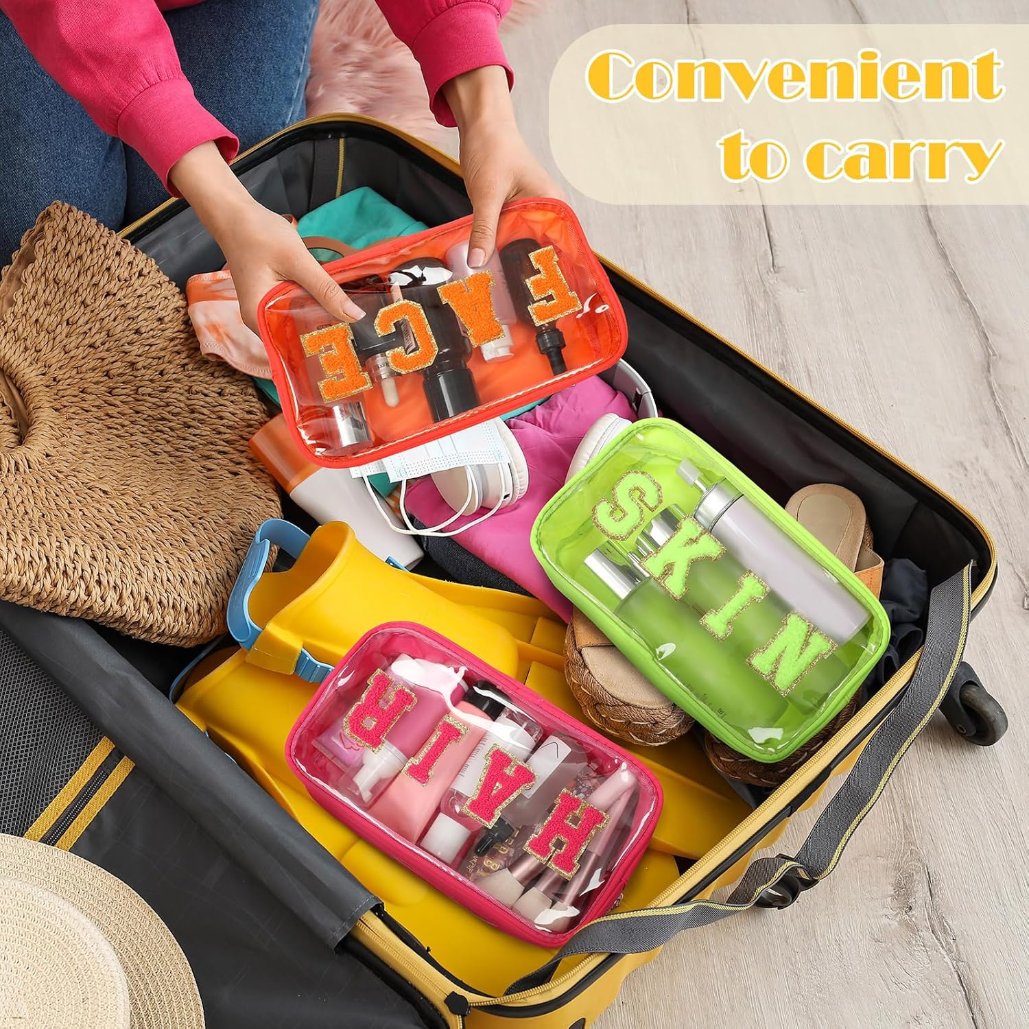 Pinkunn 4 Pcs Preppy Makeup Bags Christmas Chenille Letter Bag Face Skin Hair Stuff Cosmetic Bag Corduroy Makeup Pouch with Zipper Birthday Gifts for Women(Warm Color) - Image 4