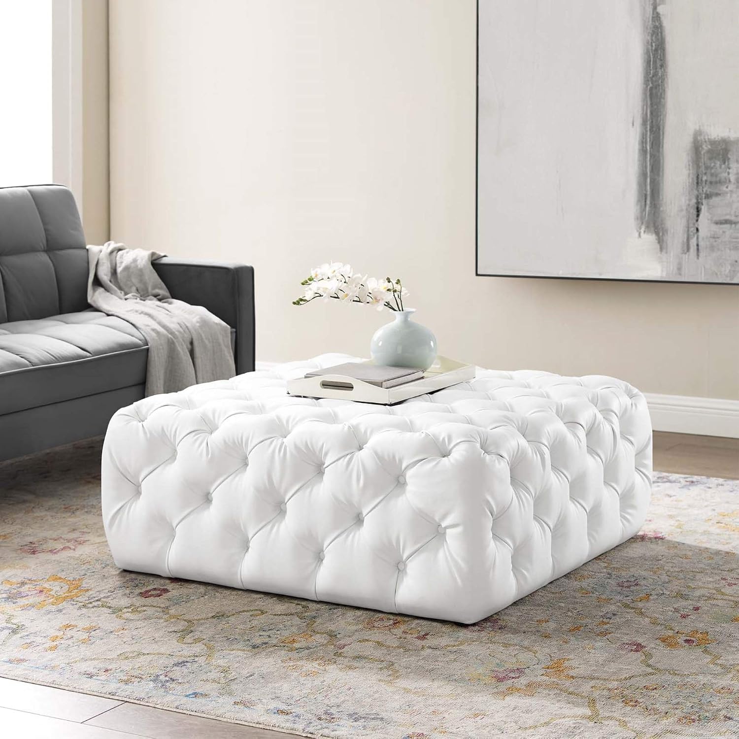 Ergode Amour Tufted Button Ottoman: Luxurious, Spacious, Elegant Faux Leather Design