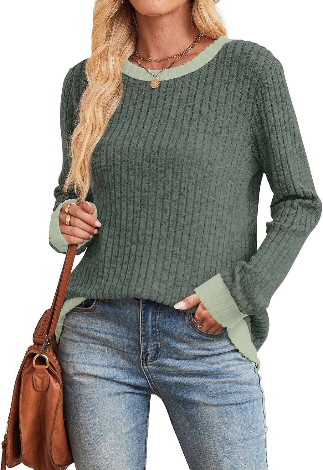 Sampeel Womens Tops Long Sleeve Shirts Lightweight Sweaters Loose Fit Crewneck Color Block Fall Fashion Outfits - Image 4