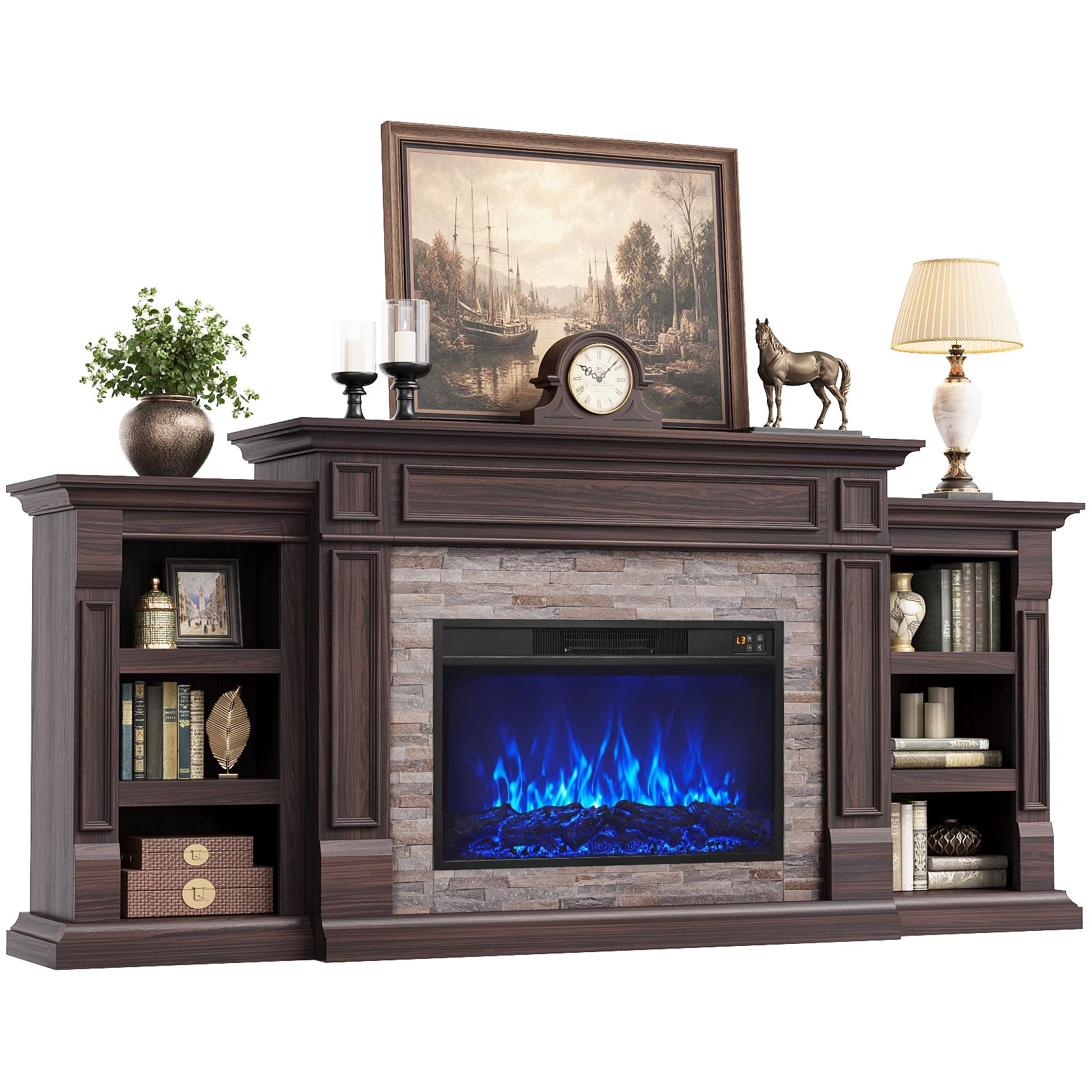 LGHM 80" Fireplace TV Stand with Color-Changing Flame, Dark/Brown(Espresso)