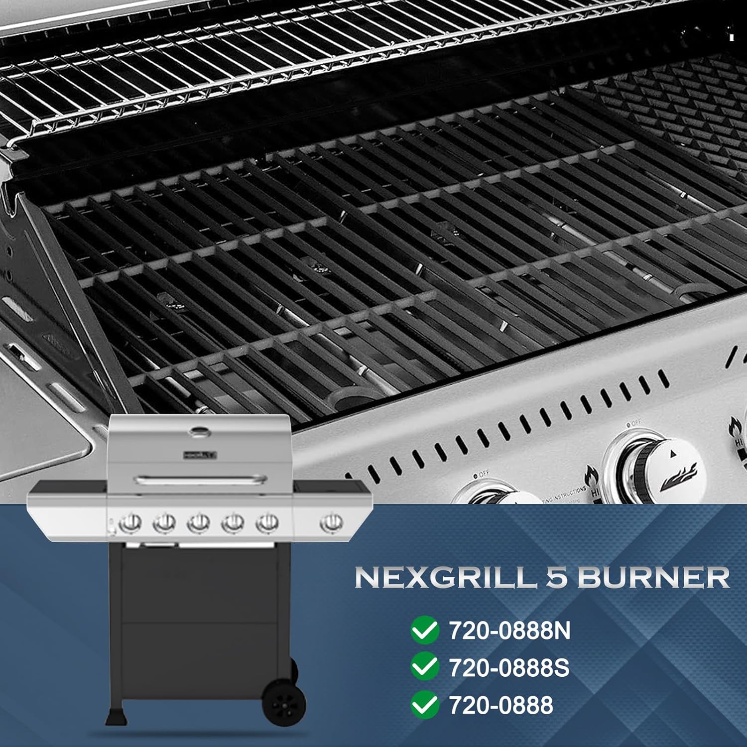 Grill Grates Replacement 17 Inch for Nexgrill 5 Burner 720-0888, 720-0888N, 720-0888S, 4 Burner 720-0830H,, Cast Iron BBQ Grill Cooking Grates, Stainless Burner Tubes, Porcelain Heat Shields Plates.