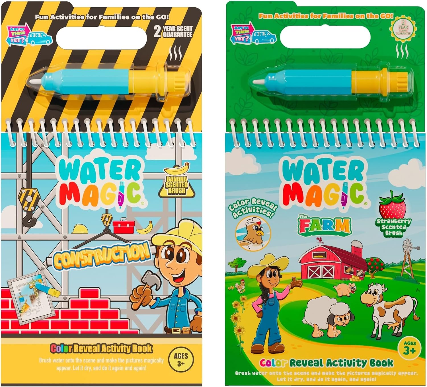 Water Magic (Construction & Farm) - Banana & Strawberry Scented Water Reveal Activity Book for Kids, Reusable Mess-Free Coloring Toy, Includes Water Pen, Travel Activity for Toddlers Ages 3-8