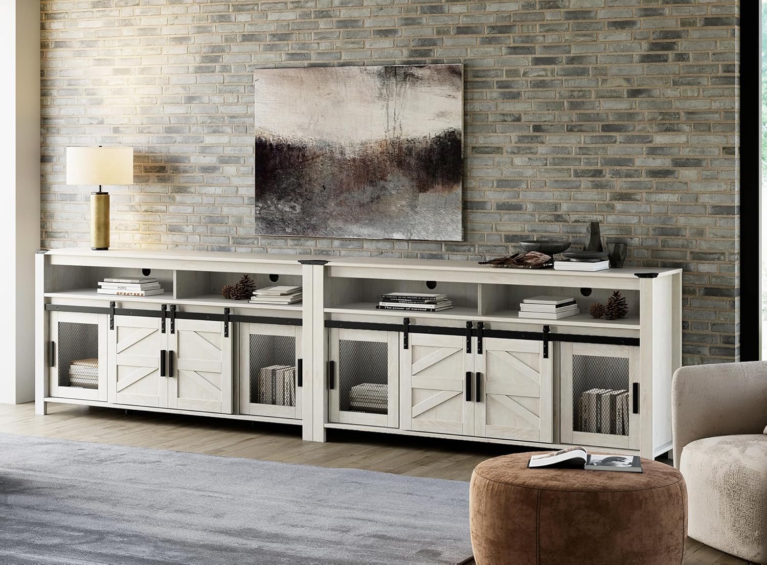 WAMPAT Farmhouse TV Stands with Mesh & Barn Doors for 100+ Inch TV，Wooden Entertainment Center with Open Storage Shelf, 2-in-1 Media Console for Living Room，Antique White