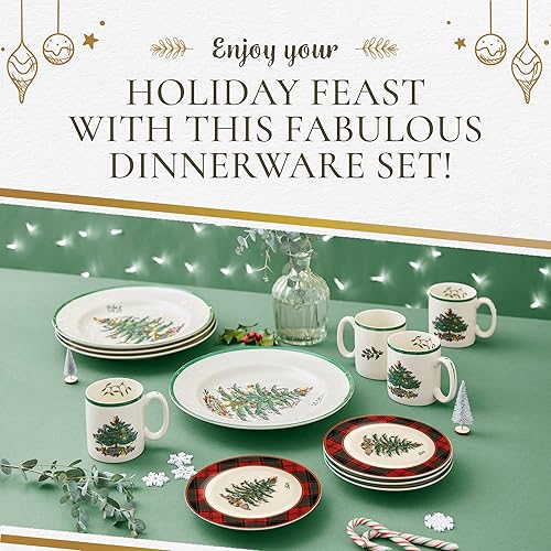 Miniatura 4 de Spode Christmas Tree - Juego de vajilla de tartán de 16 piezas (servicio para 4), vajilla festiva con platos, cuencos, tazas, vajilla de porcelana