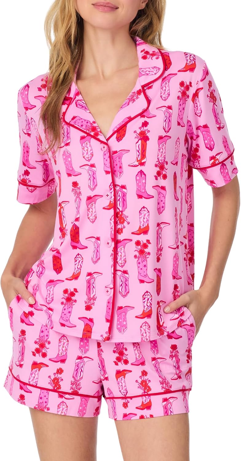 Room Service Womens Button Down Pajama Shirt & PJ Shorts Set - Soft and Stretchy Jersey - Lightweight Loungewear & Sleepwear