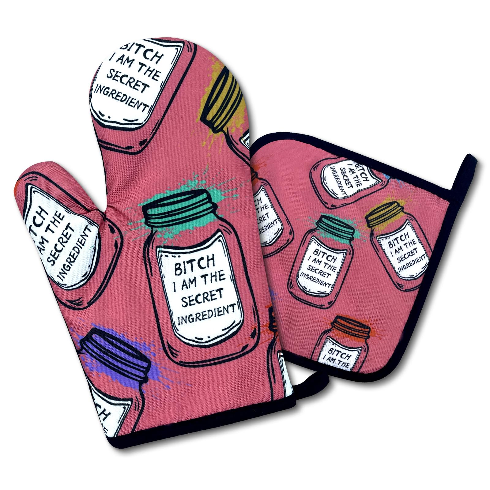 Dhecvbd Bitch I Am The Secret Ingredient, Funny Oven Mitts and Pot Holders (Set of 2) with Hanging Loop Silicone Non-Slip, Housewarming, Birthday Cooking Gift for Female Chef, Mom, Wife, Girlfriend
