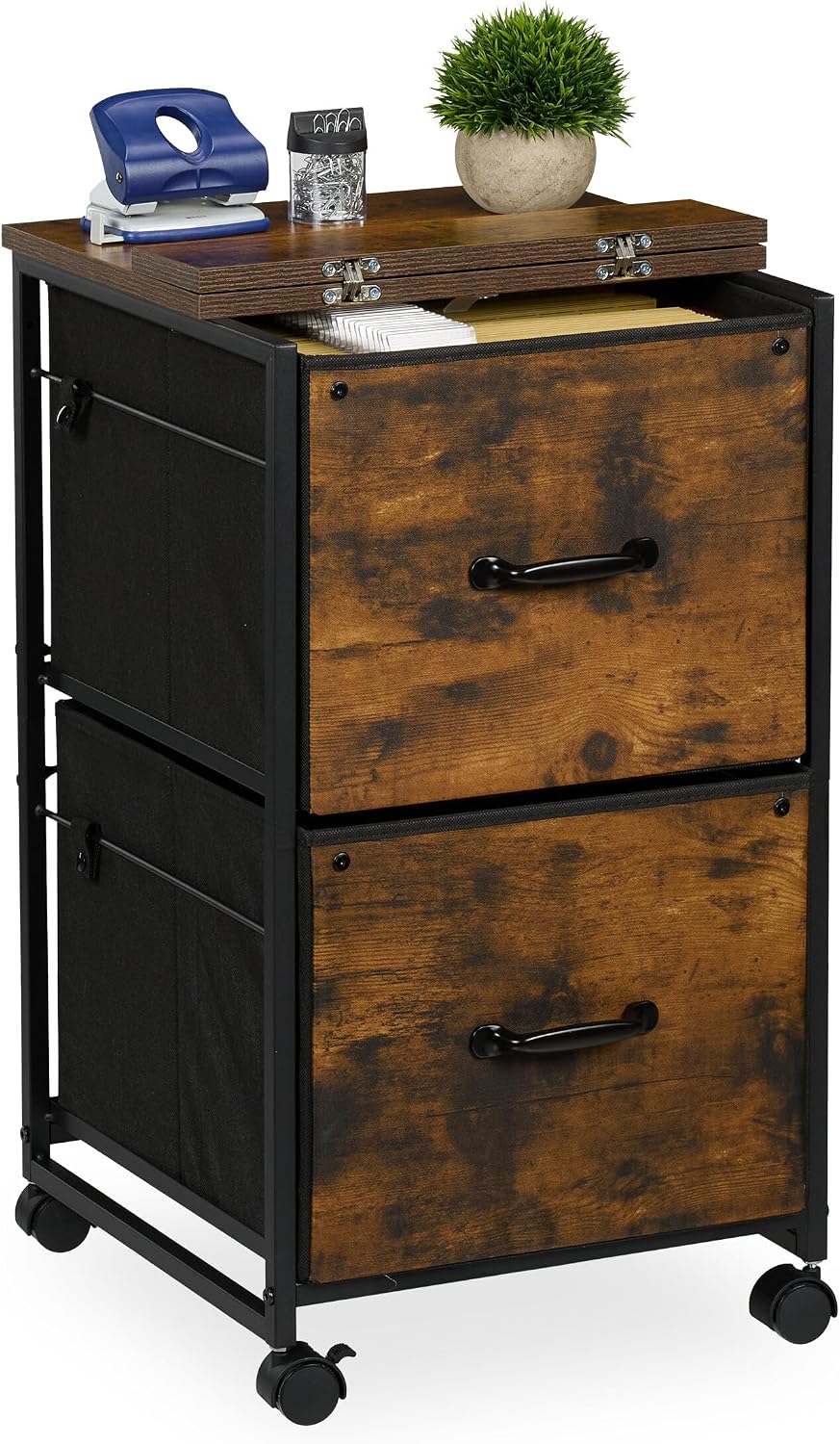 Relaxdays Mobile Cabinet, 2 Drawers with Suspension Files, Industrial Design, 68x40x40 cm, Office, Brown/Black