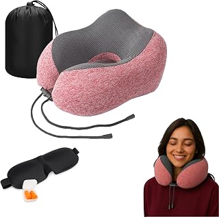 Travel Neck Pillow Non-Deformed Airplane Pillow Cushion Durable U-Shaped Travel Memory Cotton Nap Neck Pillow - 3D Eye Mask, Earplugs, Luxury Bag, Essentials Accessories for Office,Flight,Cars (Pink)