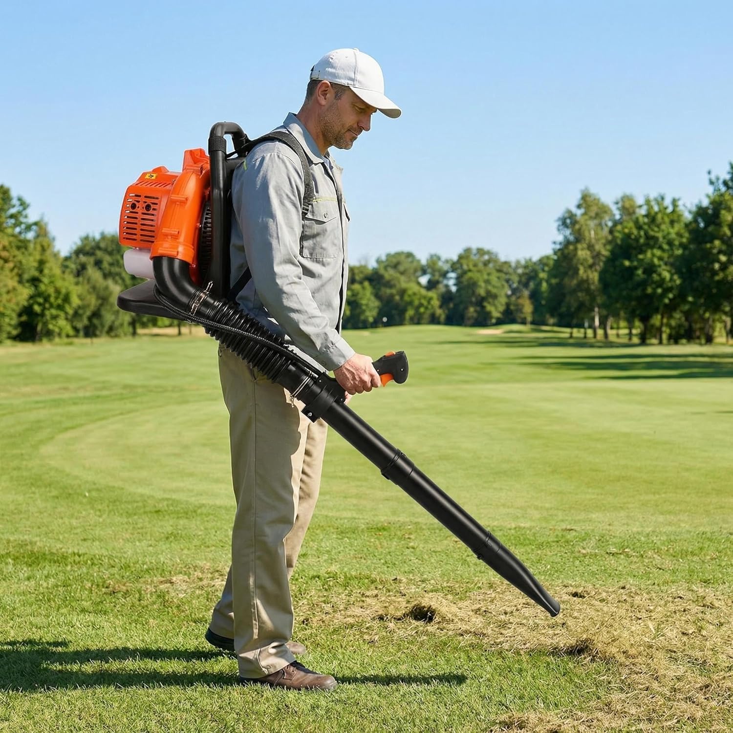 Backpack Gas Powered Leaf Blower, 52CC 550 CFM High Power Commercial Blower Grass Lawn Blowers Air Cooling Gasoline Backpack Grass Blowers for Lawn, Yard, Snow & Debris Removal, EB808 Orange B