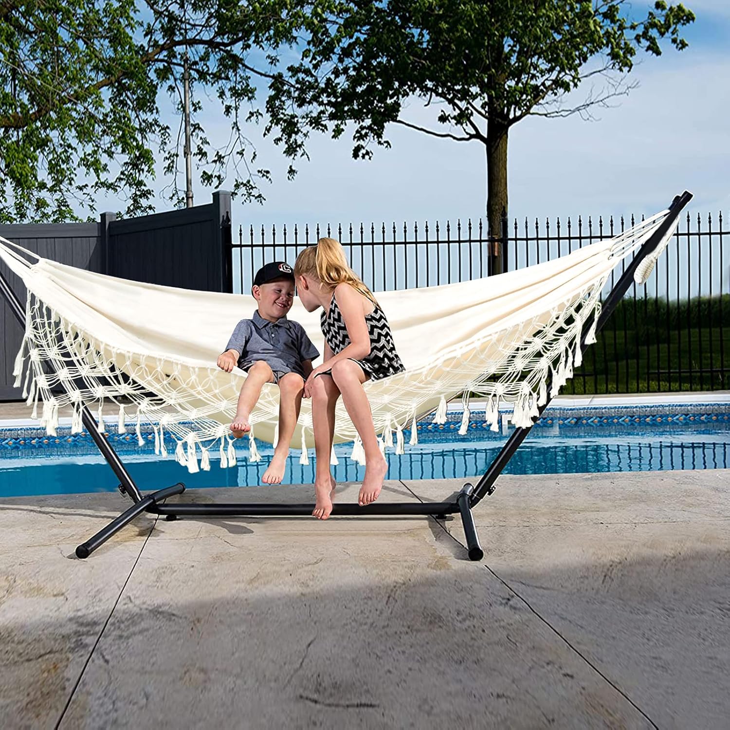 Hammock Boho Large Brazilian Macrame Fringe 2 Person Double Deluxe Hammock Swing,Perfect for Camping Outdoor/Indoor Patio Travel Bedroom Backyard(White)