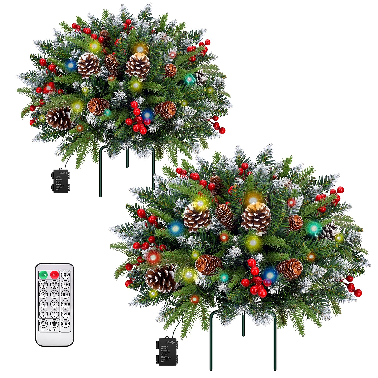 Juego de 2 rellenos de macetas de Navidad para porche delantero al aire libre, árbol de Navidad artificial preiluminado con control remoto, rellenos de macetas navideñas con temporizador