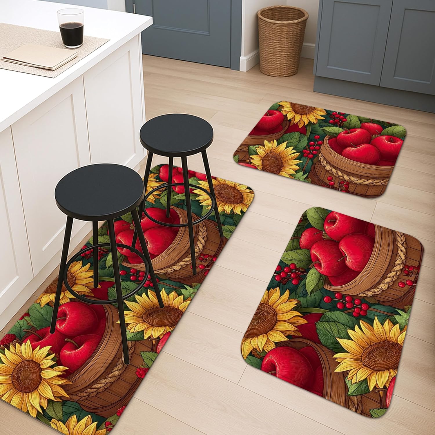 Fruit Kitchen Mats for Floor, Red Apples Sunflower Vintage Soft Mats, Cushioned Comfort Washable Non Slip Decor Rugs for Kitchen Sinks Laundryroom Bathroom 3Pcs