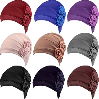 Geyoga 9 Pcs Women Turban Hat African Turban Covers Vintage Flower Head Wraps Elastic Beanie Hat Headwear for Girls (Classic Colors)